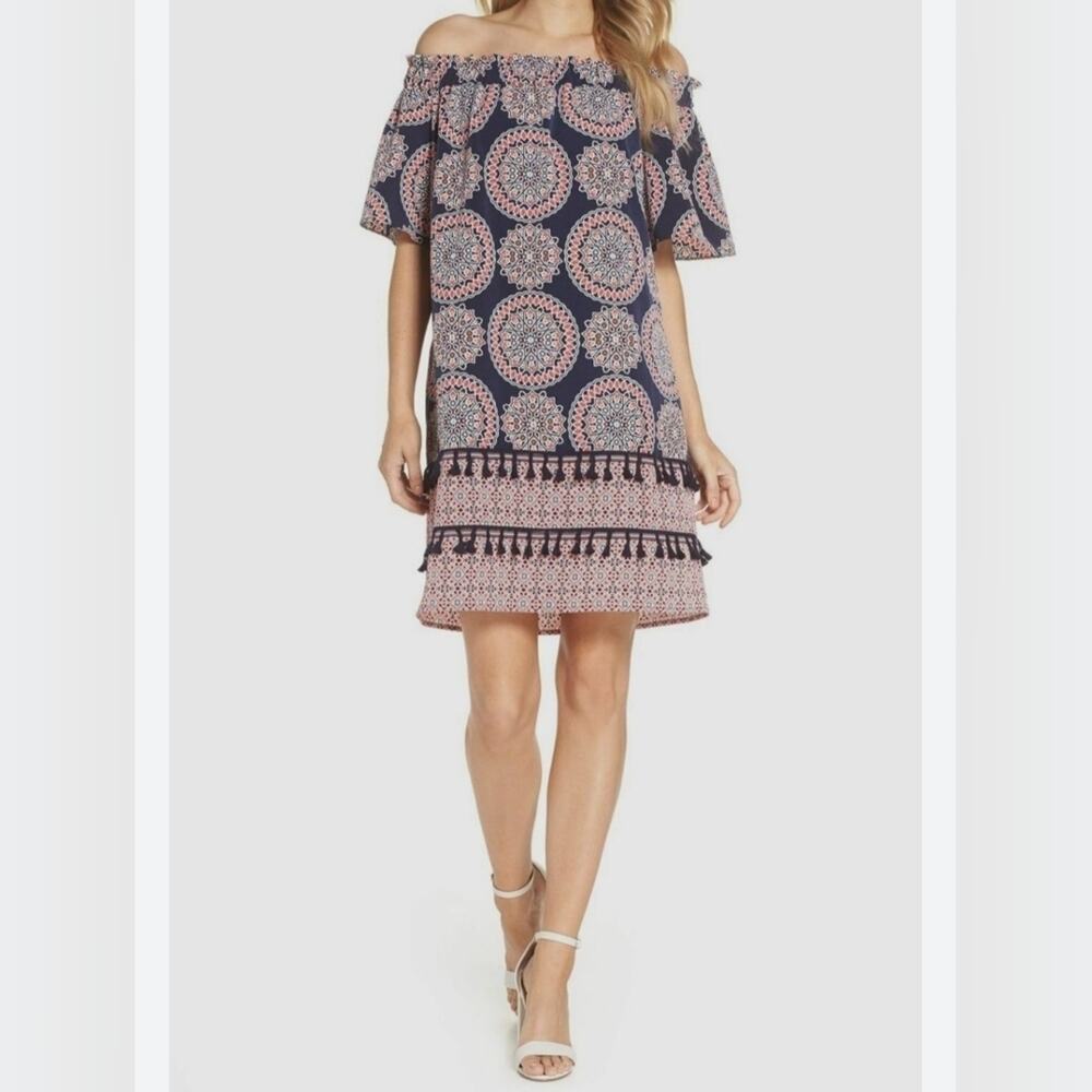 #956 Maggy London Off- Shoulder Navy & Coral Tassled Dress  sz. 8